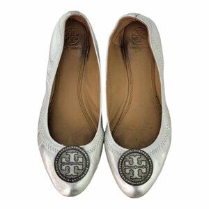 AUTHENTIC TORY BURCH Caroline Ballet Leather Flat Sz 7 - Silver
